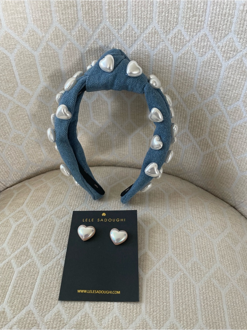Lele Sadoughi Blue Denim Padded Headband with Pearl Heart Embellishments
